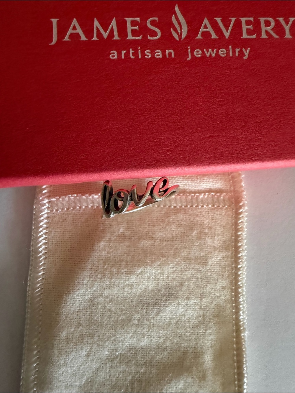 James Avery Sterling Silver 'Love' Script Ring in Silver with Red Box Accent